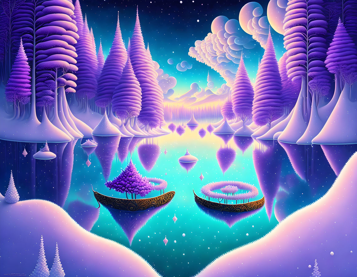 Fantasy landscape with purple trees, glowing flora, floating islands, and reflective lake