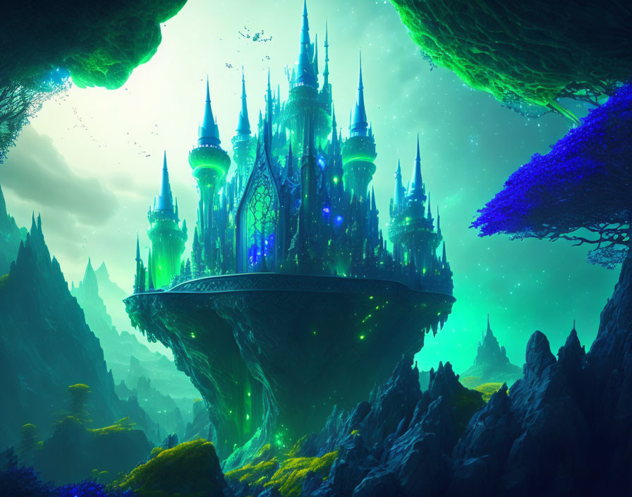 Fantastical floating castle with illuminated blue spires in ethereal forest landscape