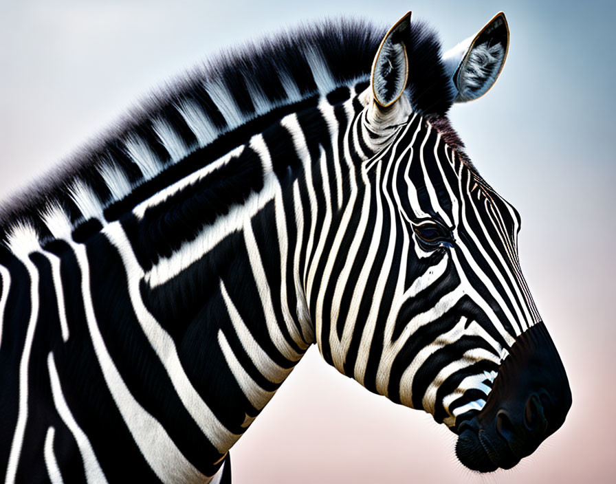 Zebra's head and neck with vivid black and white stripes on soft-focus background.