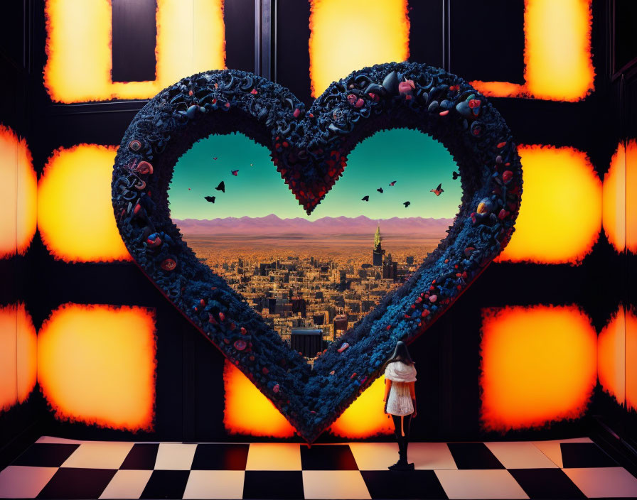 Person standing before heart-shaped portal with cityscape and birds, framed by panels.