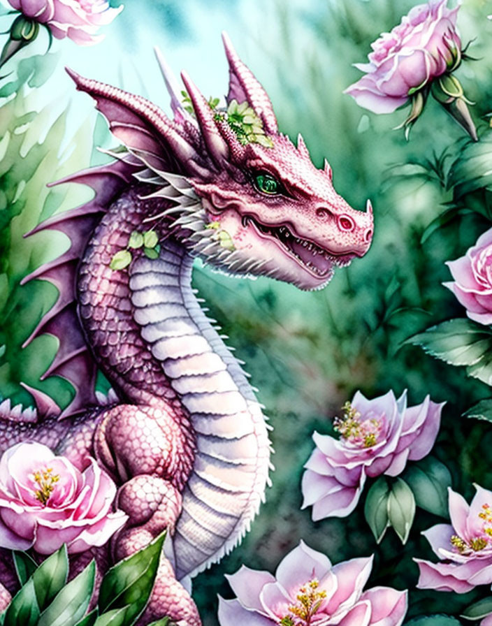 Illustrated purple dragon with slender neck in pink blooming flowers and green foliage