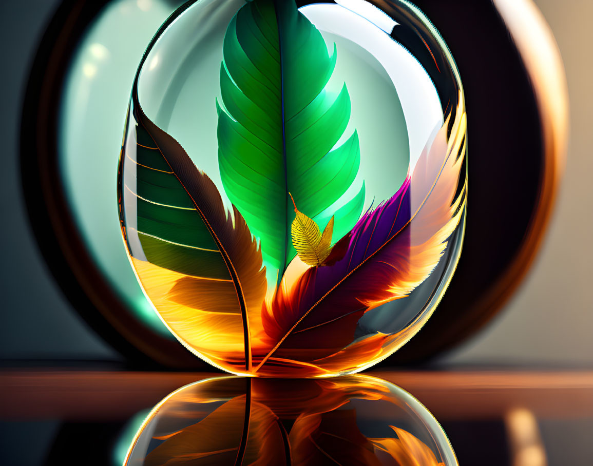 Multicolored feather magnified through glass orb on glossy surface