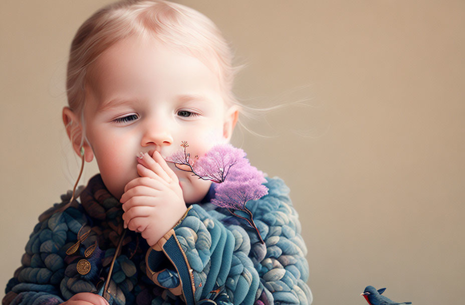 Light-Haired Toddler in Blue Knitted Cardigan with Purple Flower