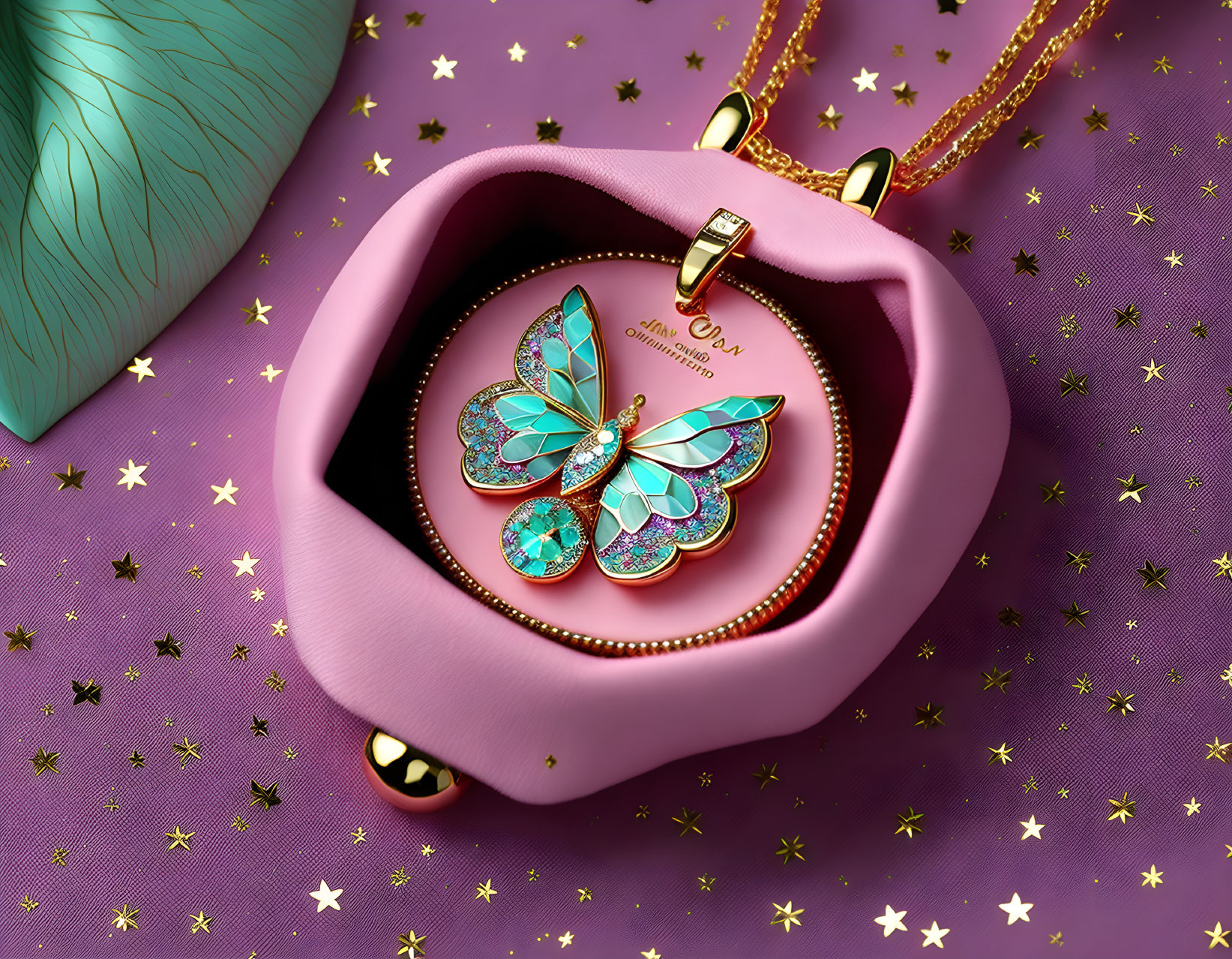 Colorful Gemstone Butterfly Pendant in Velvet Jewelry Box on Starry Background