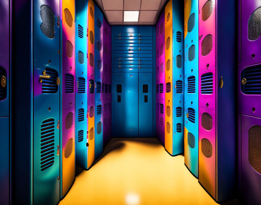 Colorful Illuminated Lockers in Vibrant Hallway