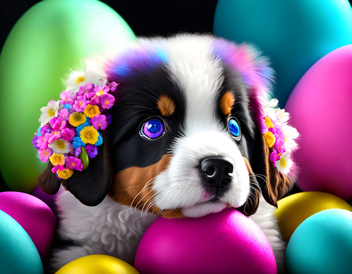 Bernese Mountain Dog Puppy with Blue Eyes Surrounded by Easter Eggs and Flowers