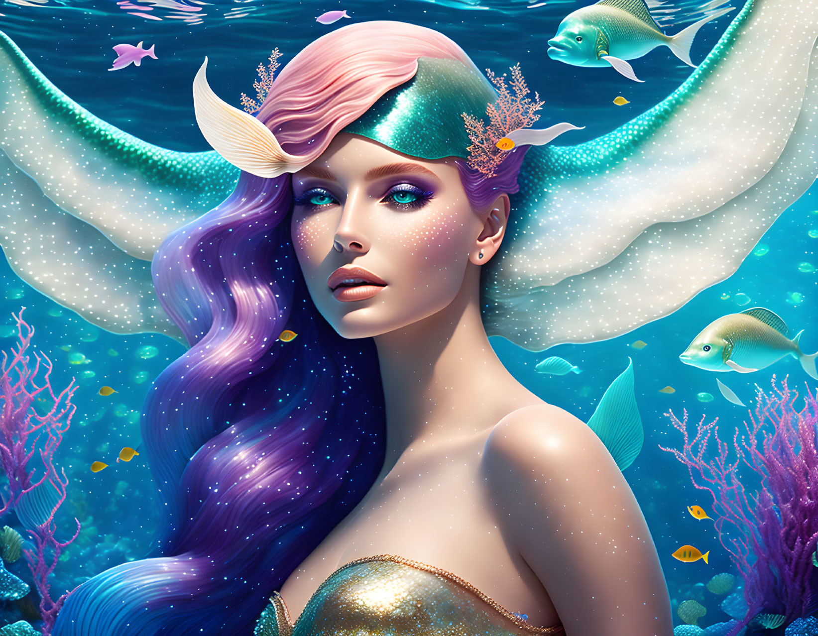 Colorful mermaid with pink and purple hair in underwater scene with fish and coral