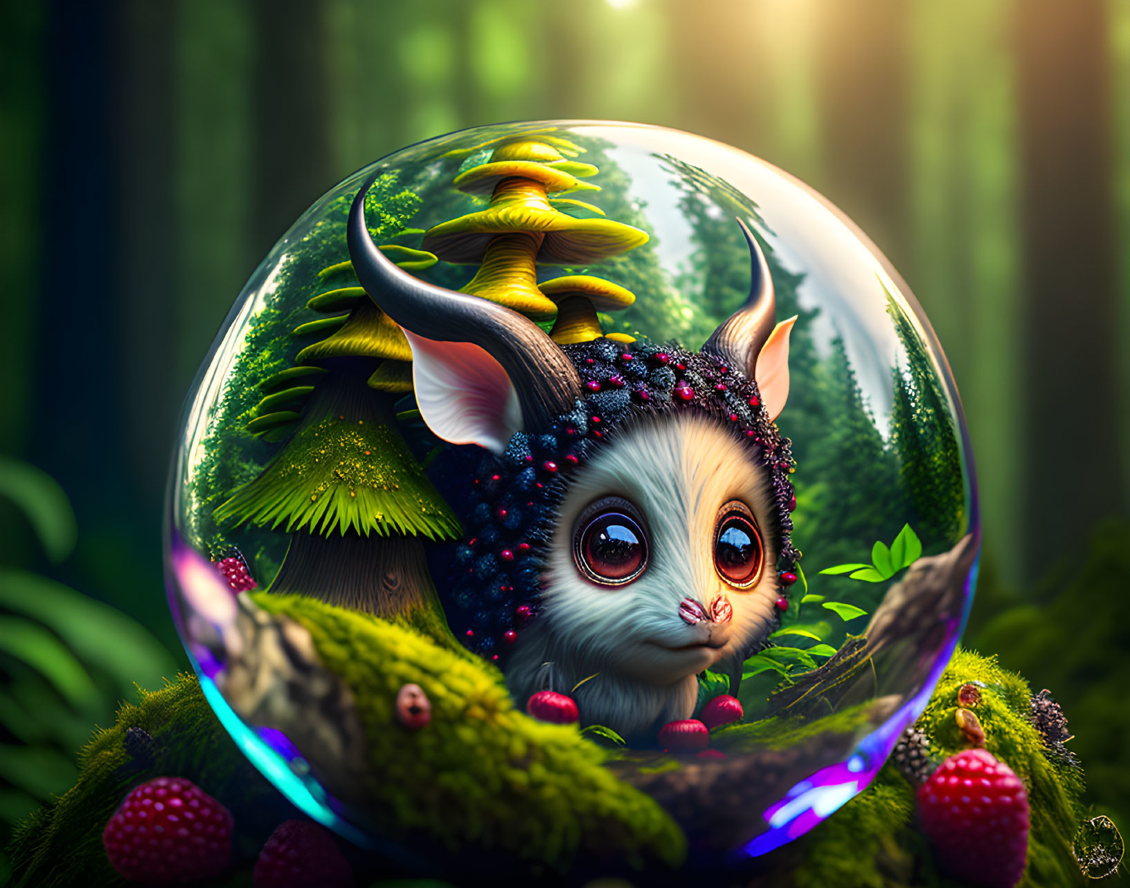 Whimsical creature in bubble surrounded by forest berries