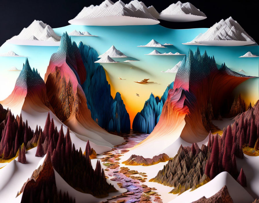 Colorful Layered Mountains and Floating Islands in Surreal Landscape