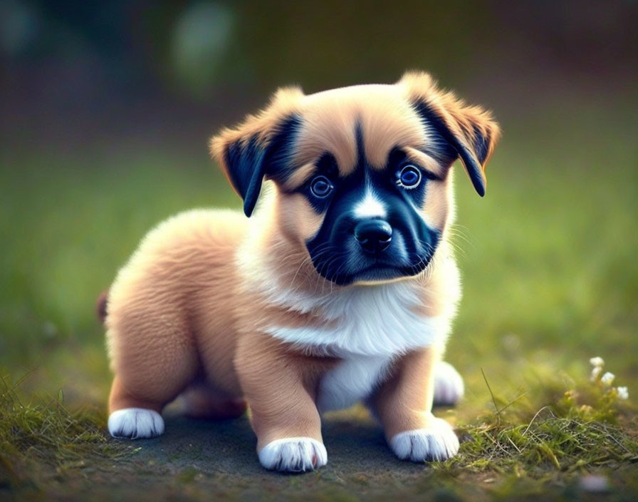 Brown and White Puppy with Black Eye Markings in Grass Field