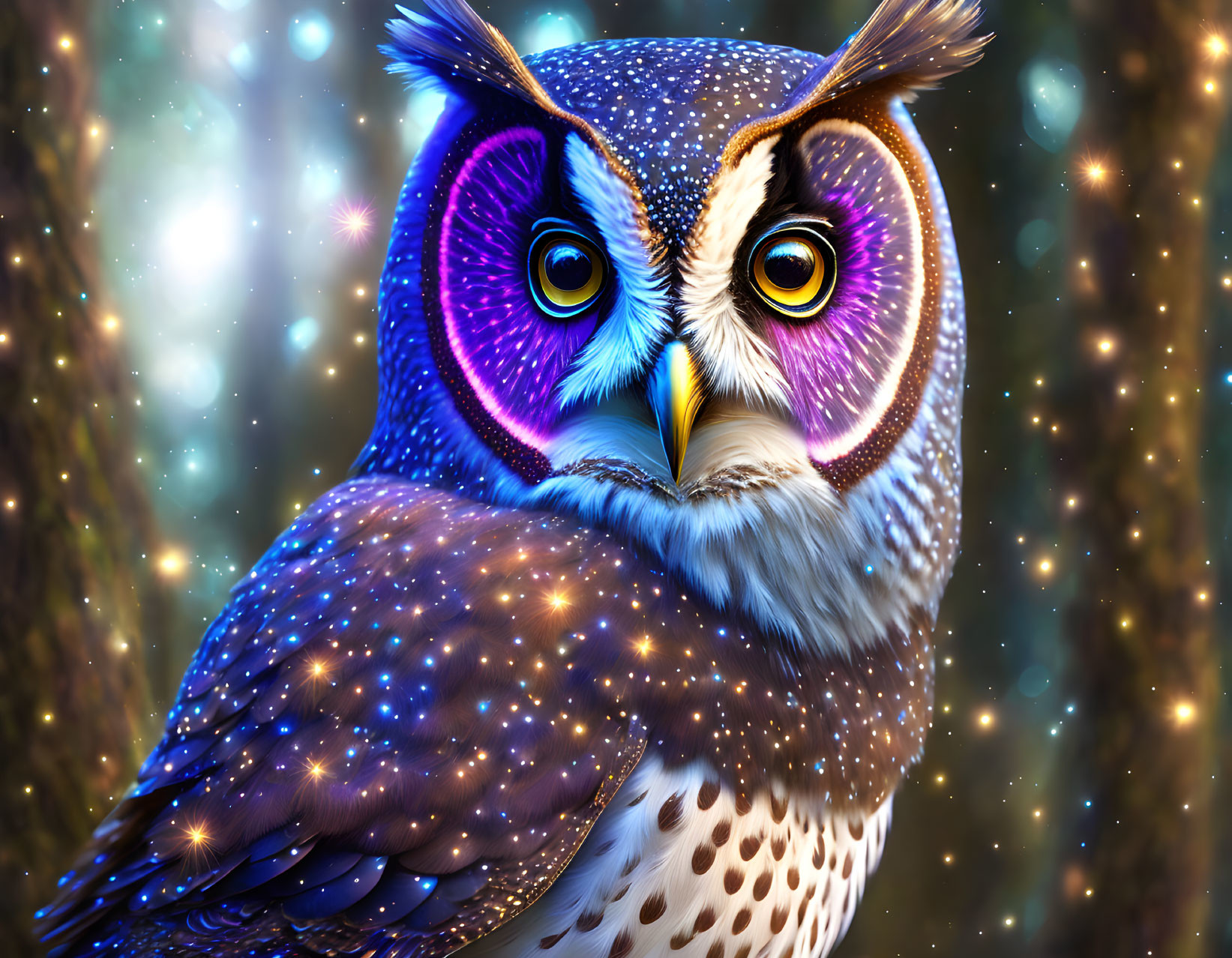 Colorful Owl Artwork with Purple and Yellow Eyes in Mystical Forest Setting