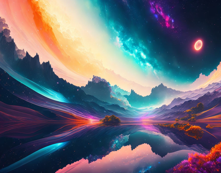 Colorful Sky, Crescent Moon, and Serene Lake in Vibrant Digital Landscape