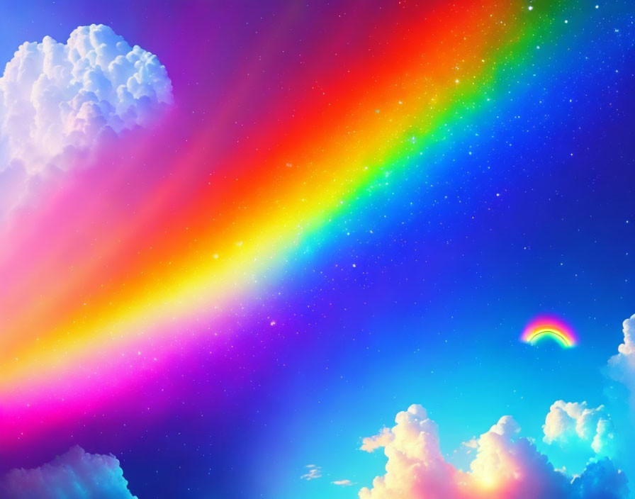 Colorful Rainbow Arcing Over Cloudy Sky with Stars and Second Rainbow