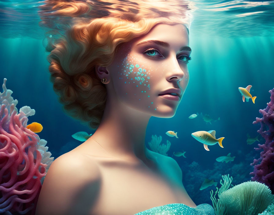 Golden-haired mermaid with blue skin in coral-filled underwater scene