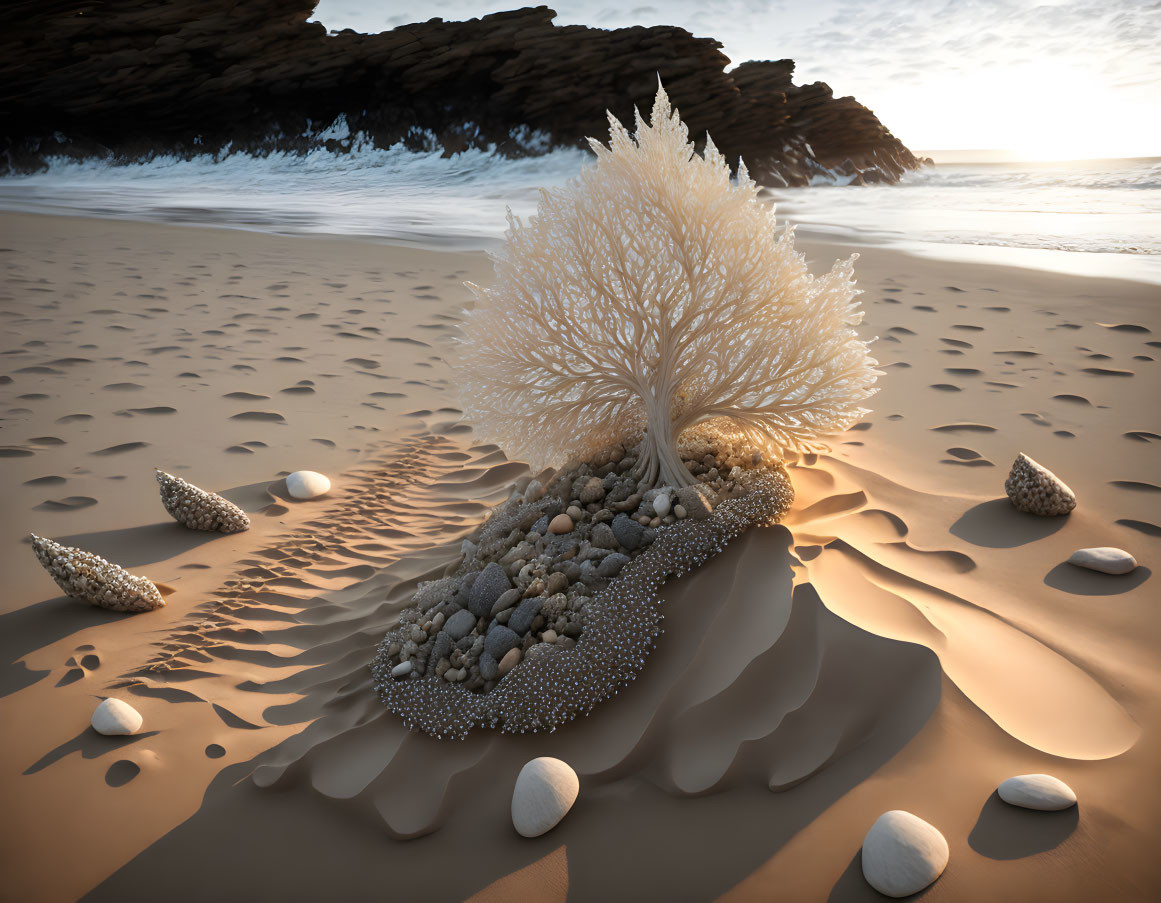 Surreal white tree on rock with scattered stones on sandy beach at sunset