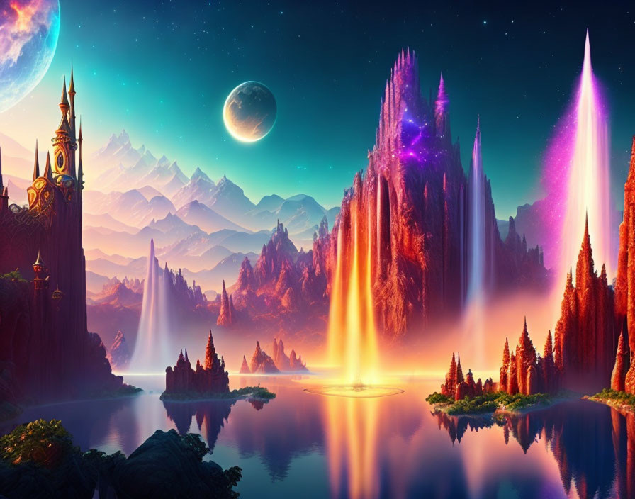 Fantasy landscape with glowing waterfalls and celestial reflections