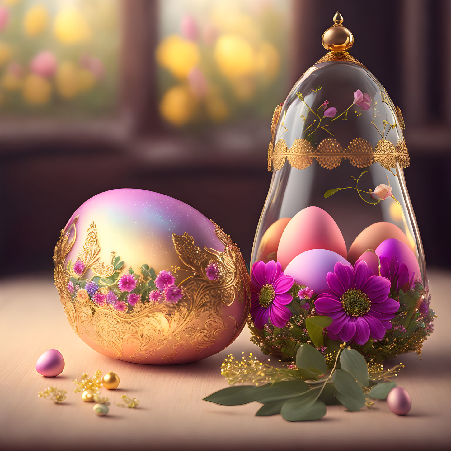 Floral-patterned Easter egg beside glass dome with purple flowers and golden accents.