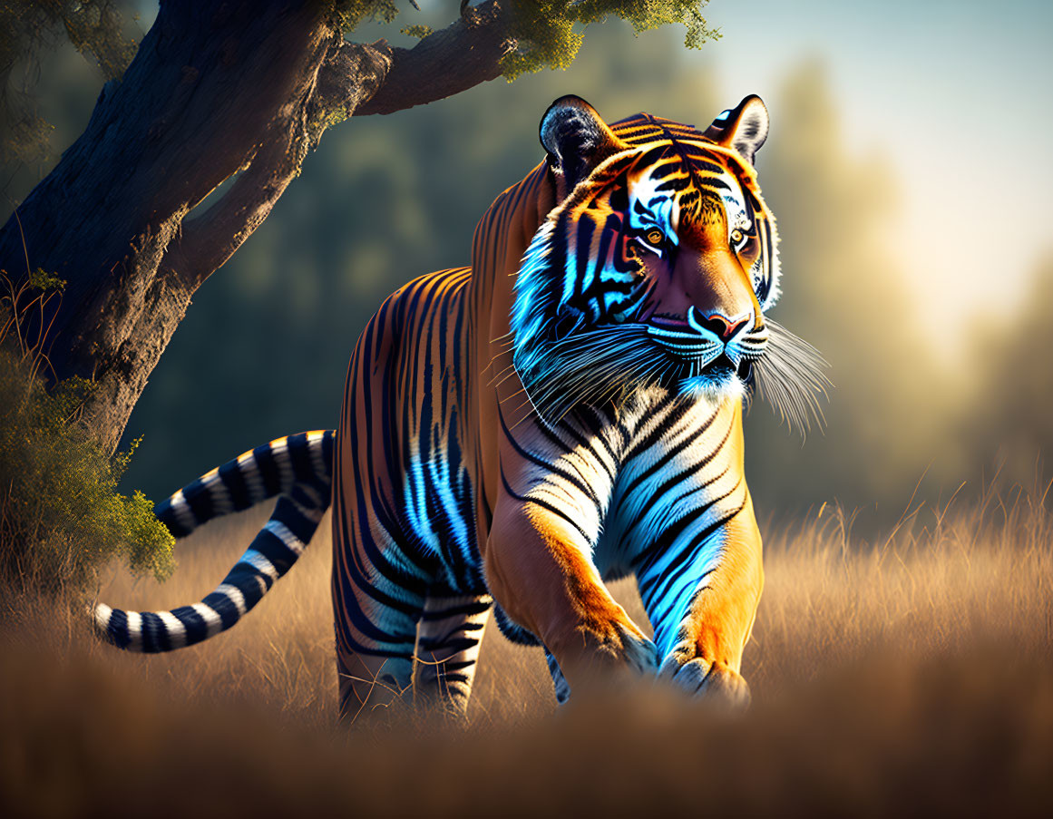 Majestic tiger with bright orange fur and dark stripes in sunlit forest