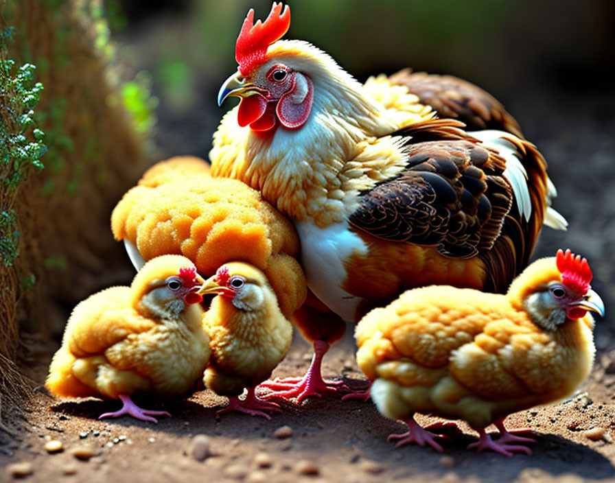 Colorful Rooster with Chicks in Natural Setting