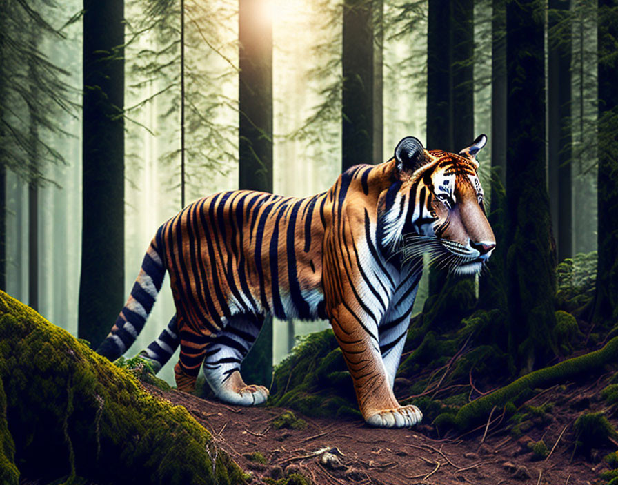 Majestic tiger in sunlit forest with orange and black stripes