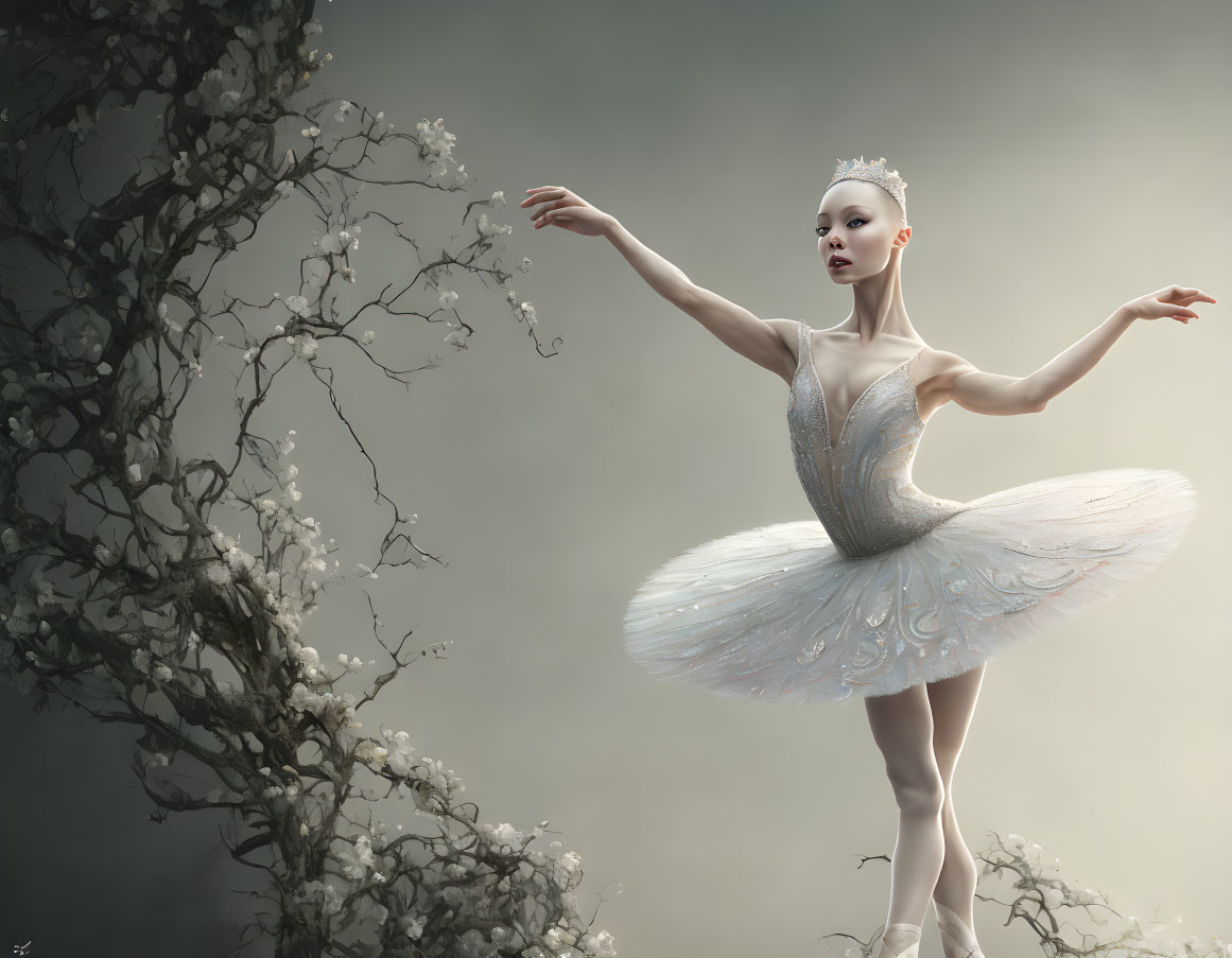 Ethereal ballerina beside blossom-adorned tree in misty light