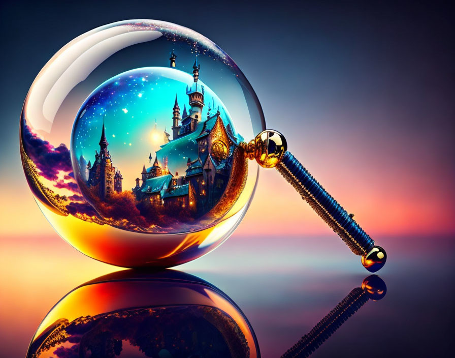 Vibrant Fantasy Castle Scene Reflected in Crystal Ball