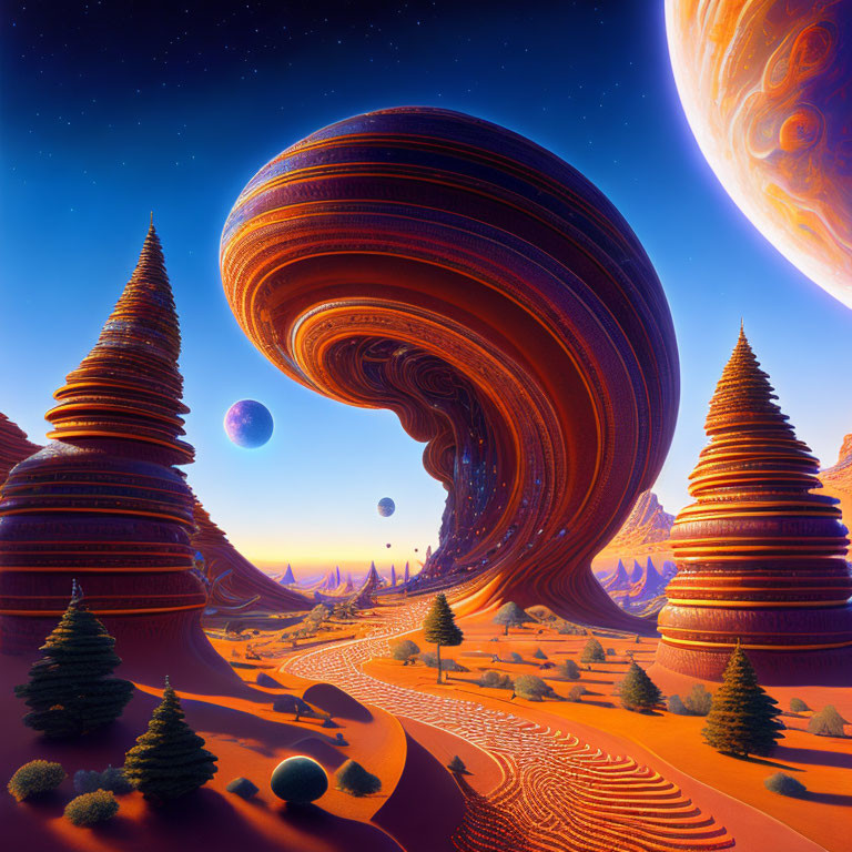 Surreal landscape with stylized trees and oversized planets in vibrant sky