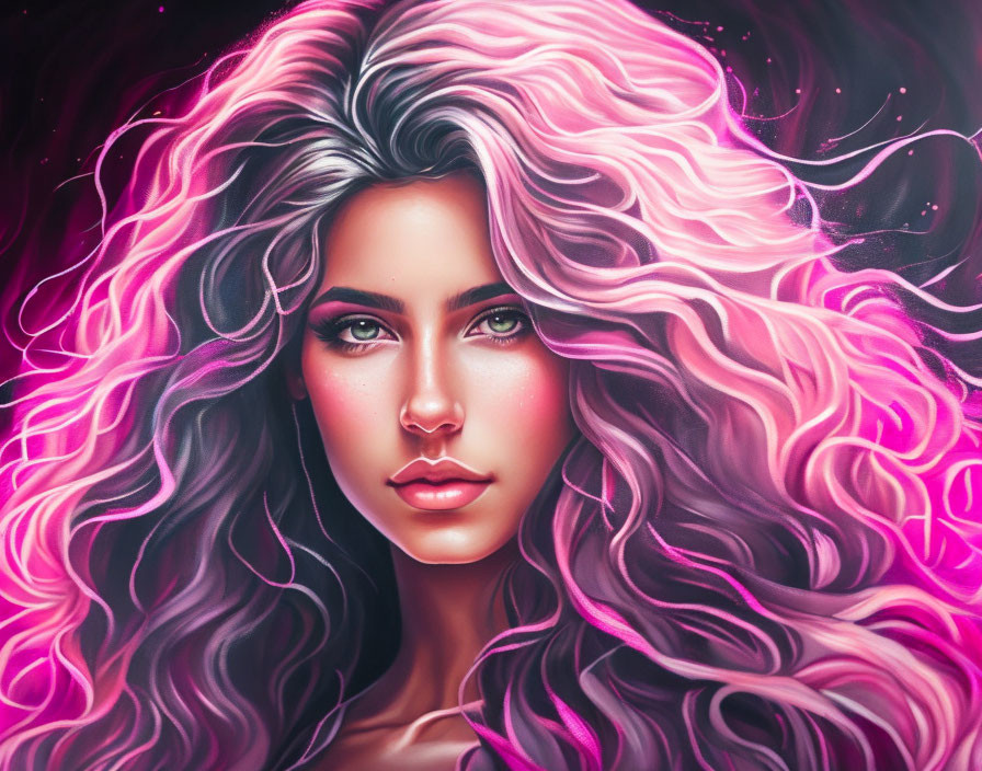 Vivid portrait of a woman with pink and purple wavy hair and intense green eyes