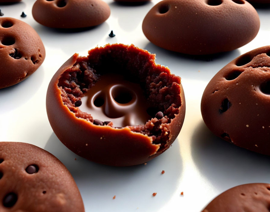 Chocolate Biscuits with Creamy White Center and Crumbs on White Surface