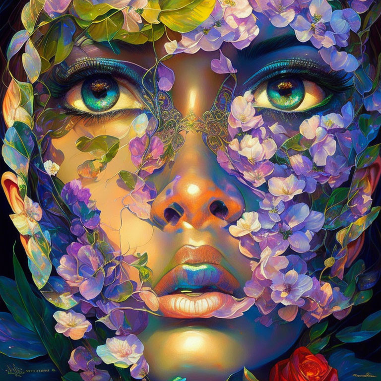 Colorful floral and lace patterns on woman's face art