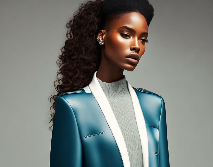 Woman with Striking Makeup in Blue & White Jacket