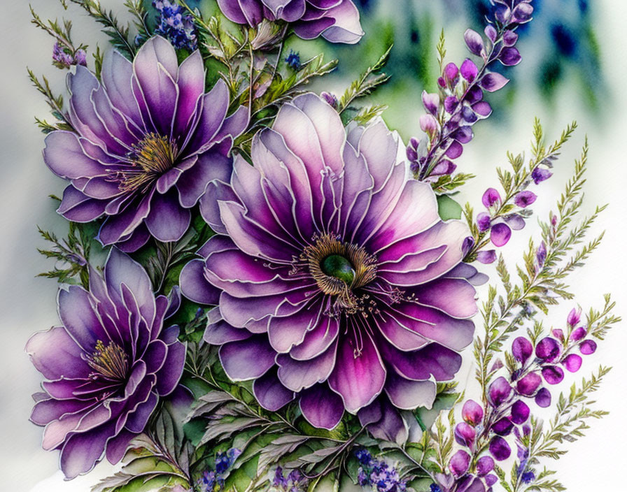 Vibrant Purple Flowers in Watercolor Painting