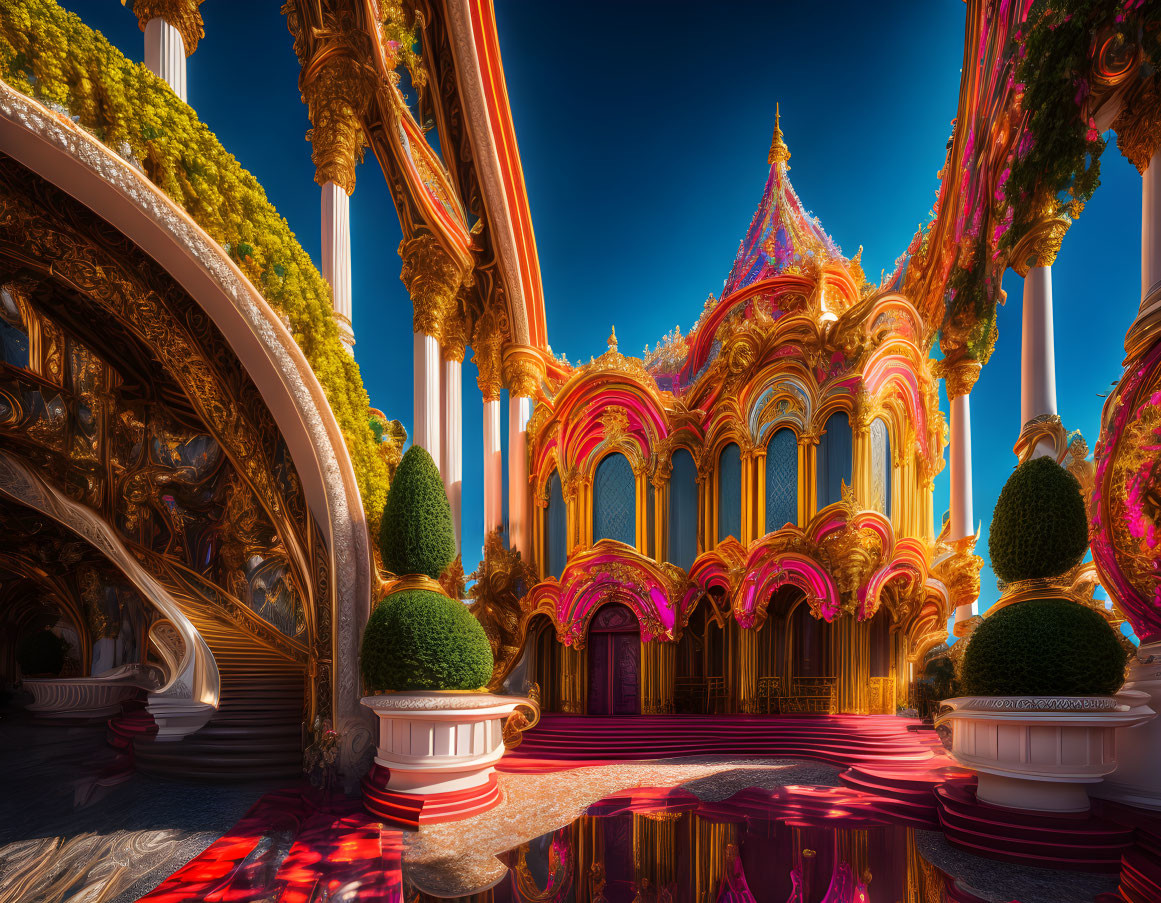 Vibrant rainbow-colored palace with ornate columns and red reflective floor