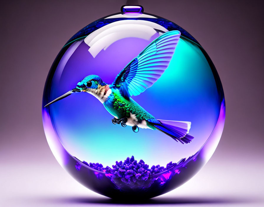 Colorful Hummingbird in Flight Encased in Sphere on Purple Background