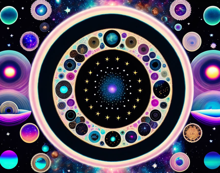 Abstract Cosmic Scene with Celestial Bodies and Geometric Patterns