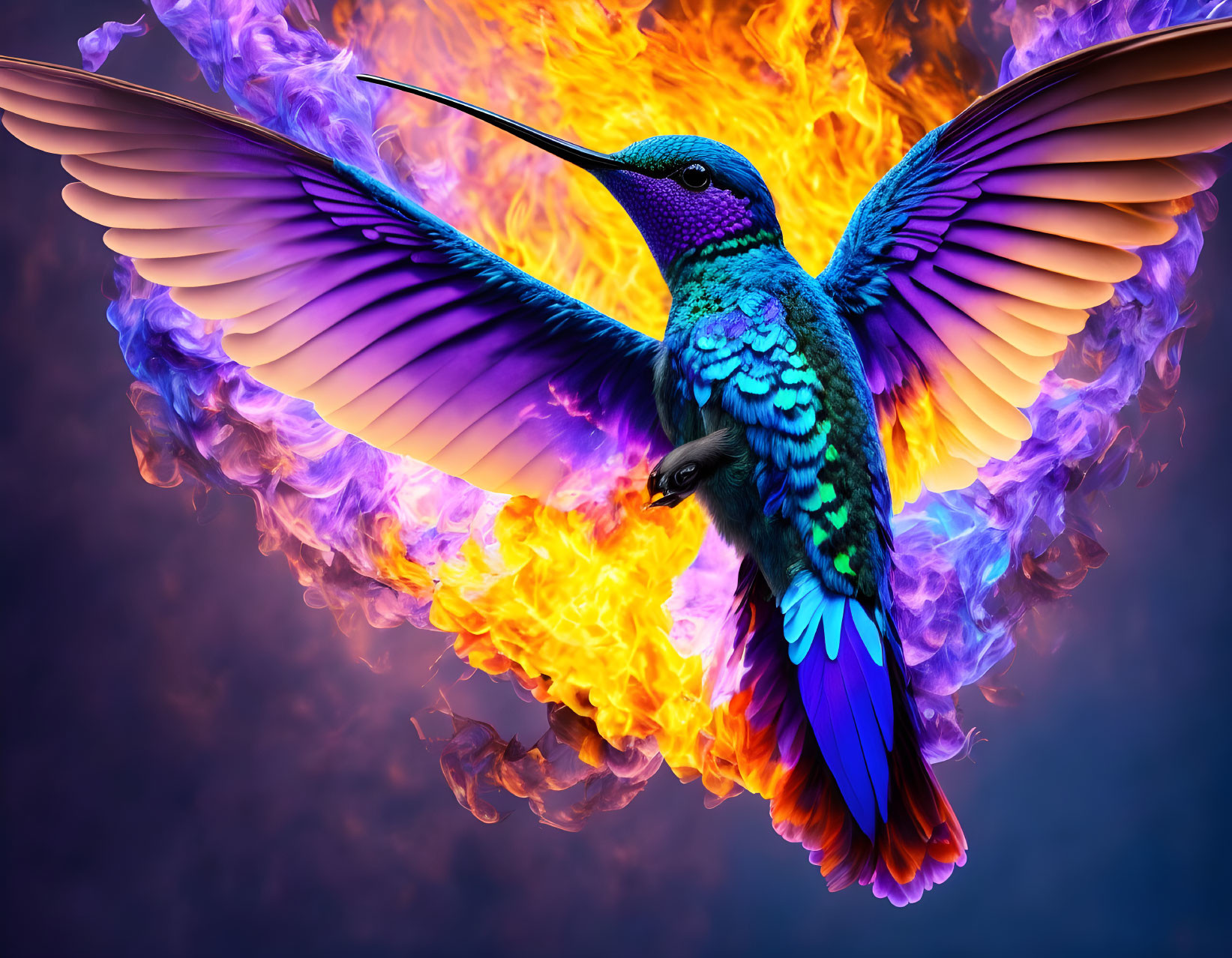 Colorful Hummingbird Flying Among Purple and Orange Flames