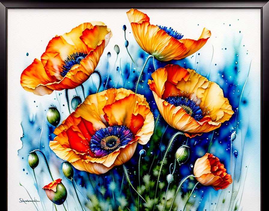 Colorful Poppy Painting with Black Frame on White Background