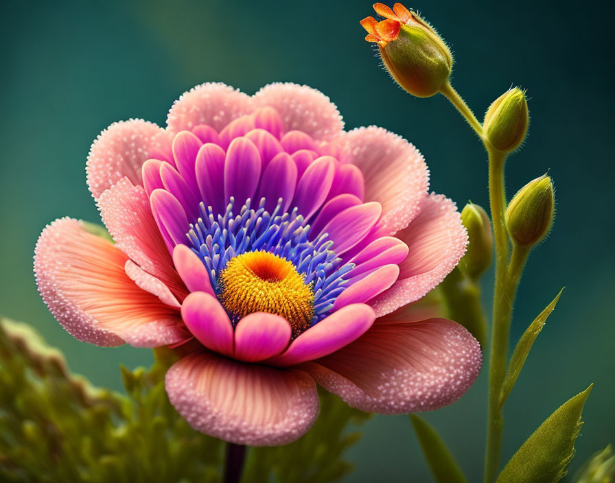 Vibrant pink flower with golden center and dewdrops on soft green background