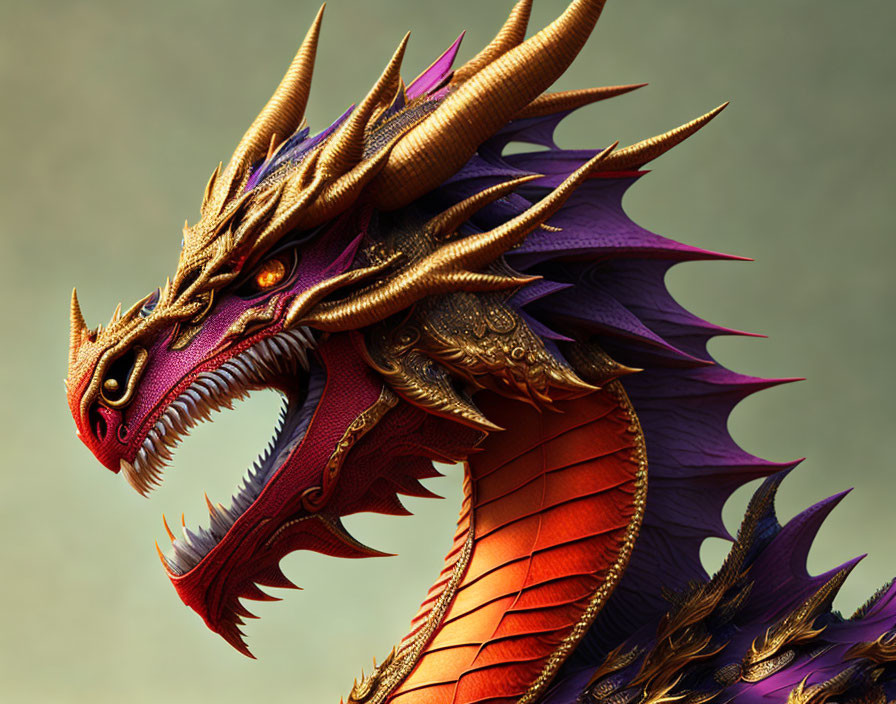 Detailed illustration of majestic dragon with golden horns, red scales, and purple wings