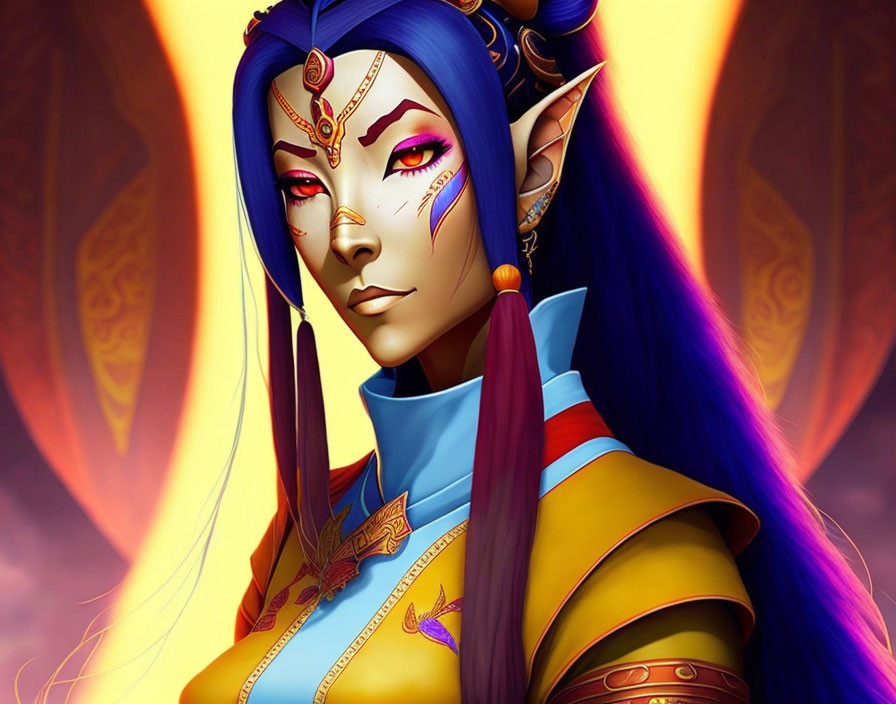 Fantasy female elf with blue skin and elaborate jewelry on warm-toned background