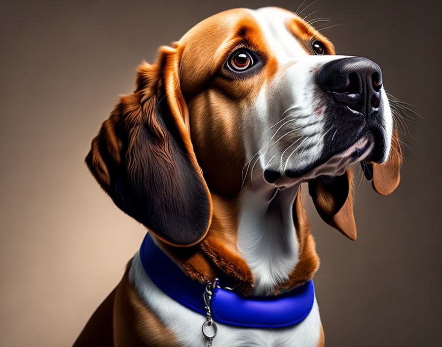 Brown and White Beagle with Soulful Eyes and Blue Collar on Gradient Background