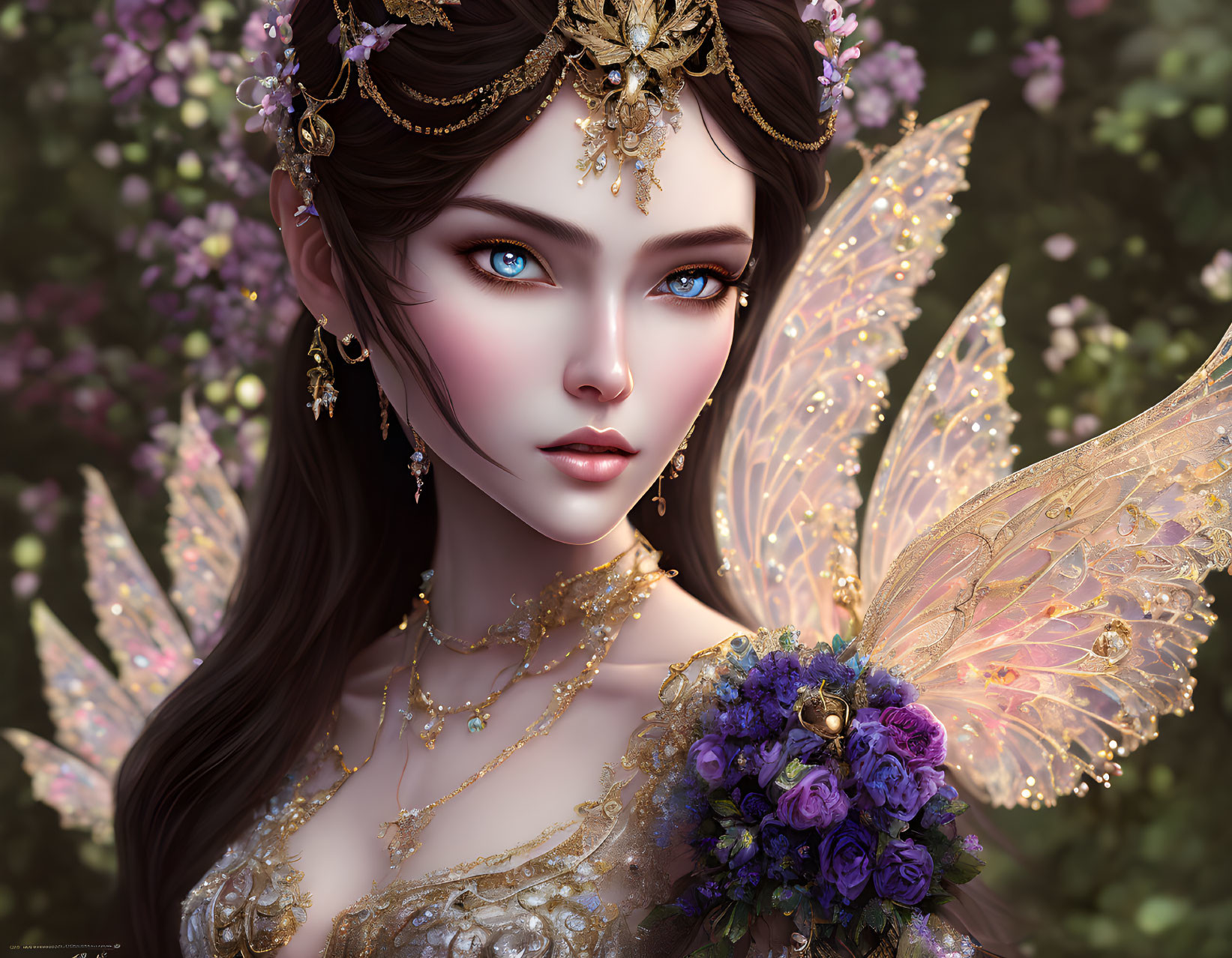 Detailed Fantasy Elf Illustration: Blue-Eyed, Gold Jewelry, Floral Adornments, Butterfly