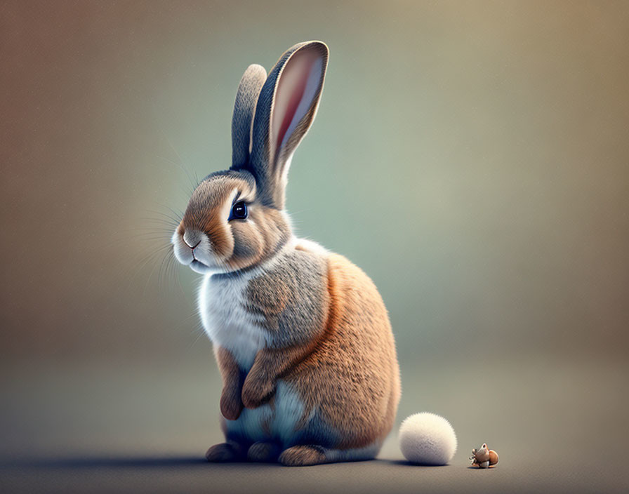 Realistic brown and white rabbit with prominent ears beside a tiny snail on soft-focus background