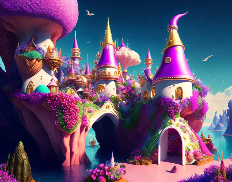 Colorful whimsical castles on cliffside in fantasy landscape