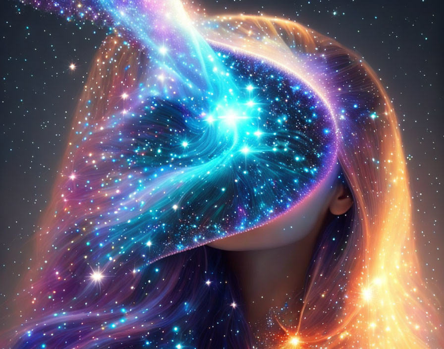 Digital Artwork: Woman with Flowing Hair in Cosmic Galaxy