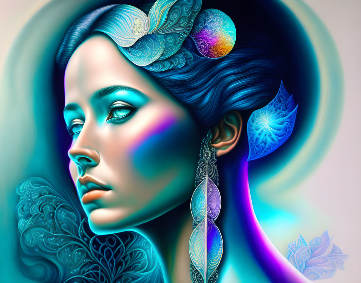 Colorful digital artwork of woman with multicolored skin and leaf-adorned hair