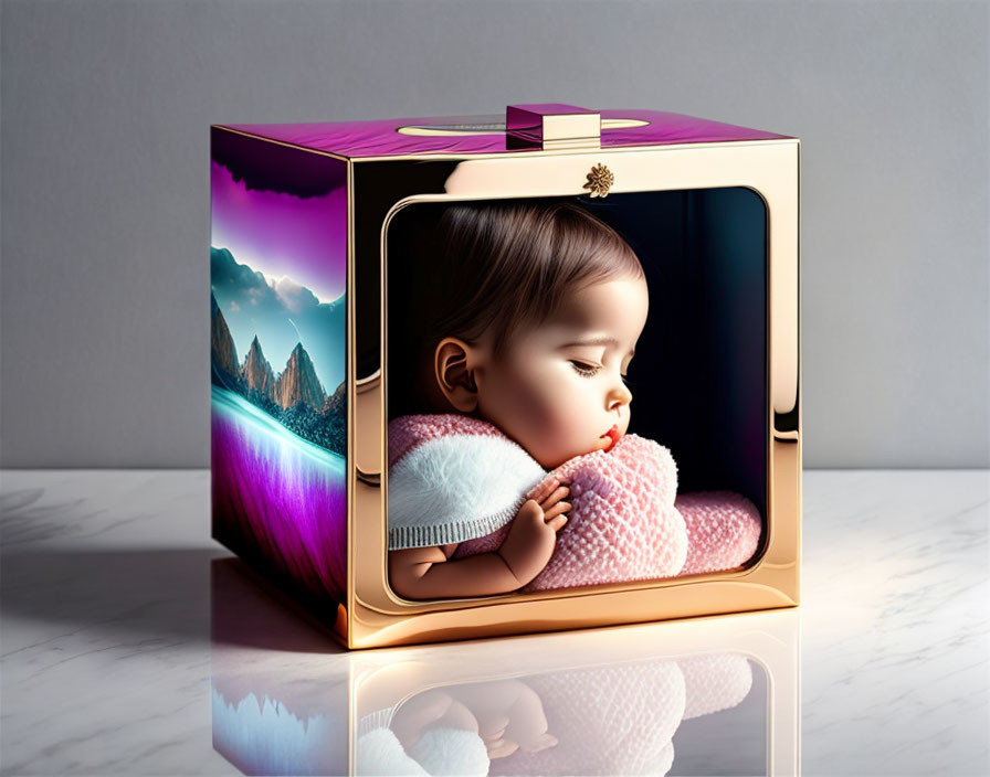 Golden perfume bottle with hyperrealistic baby image on glossy surface.