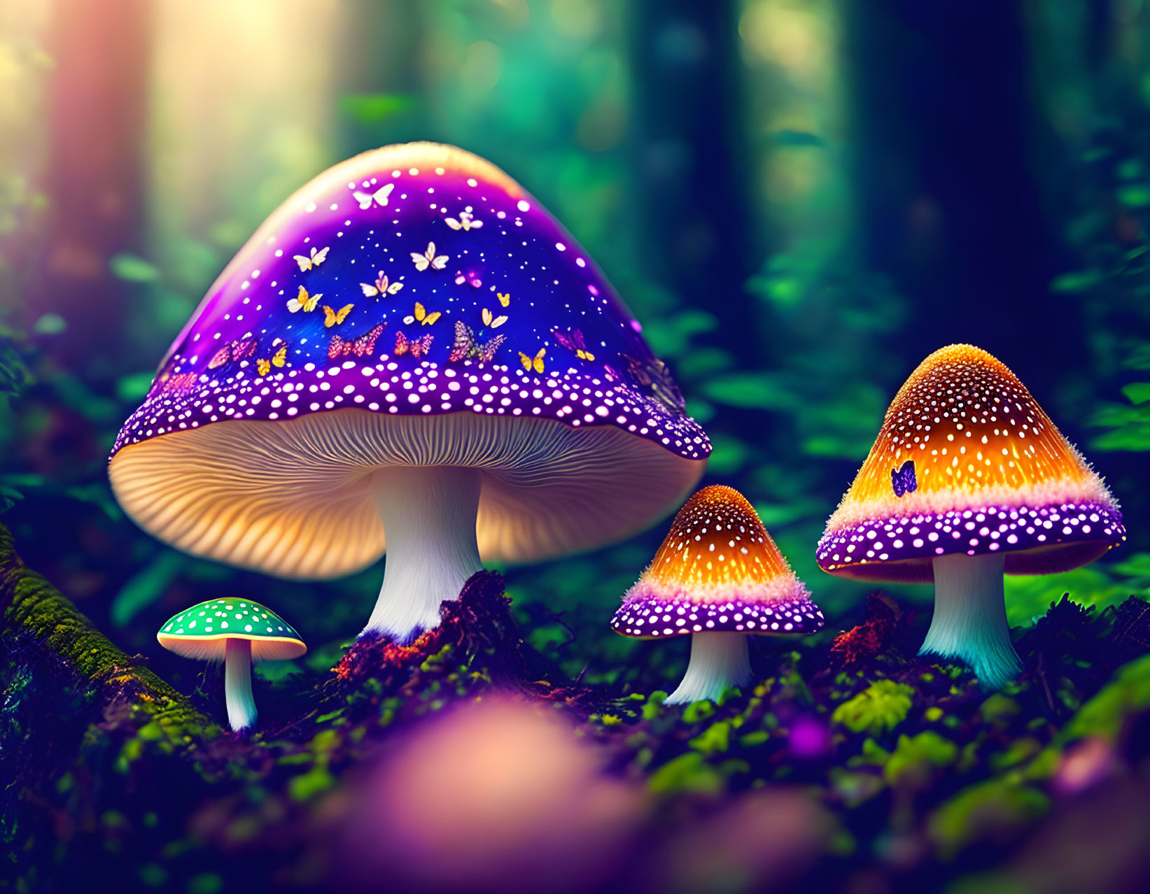 Colorful Fantasy Mushrooms Illuminate Mystical Forest Floor