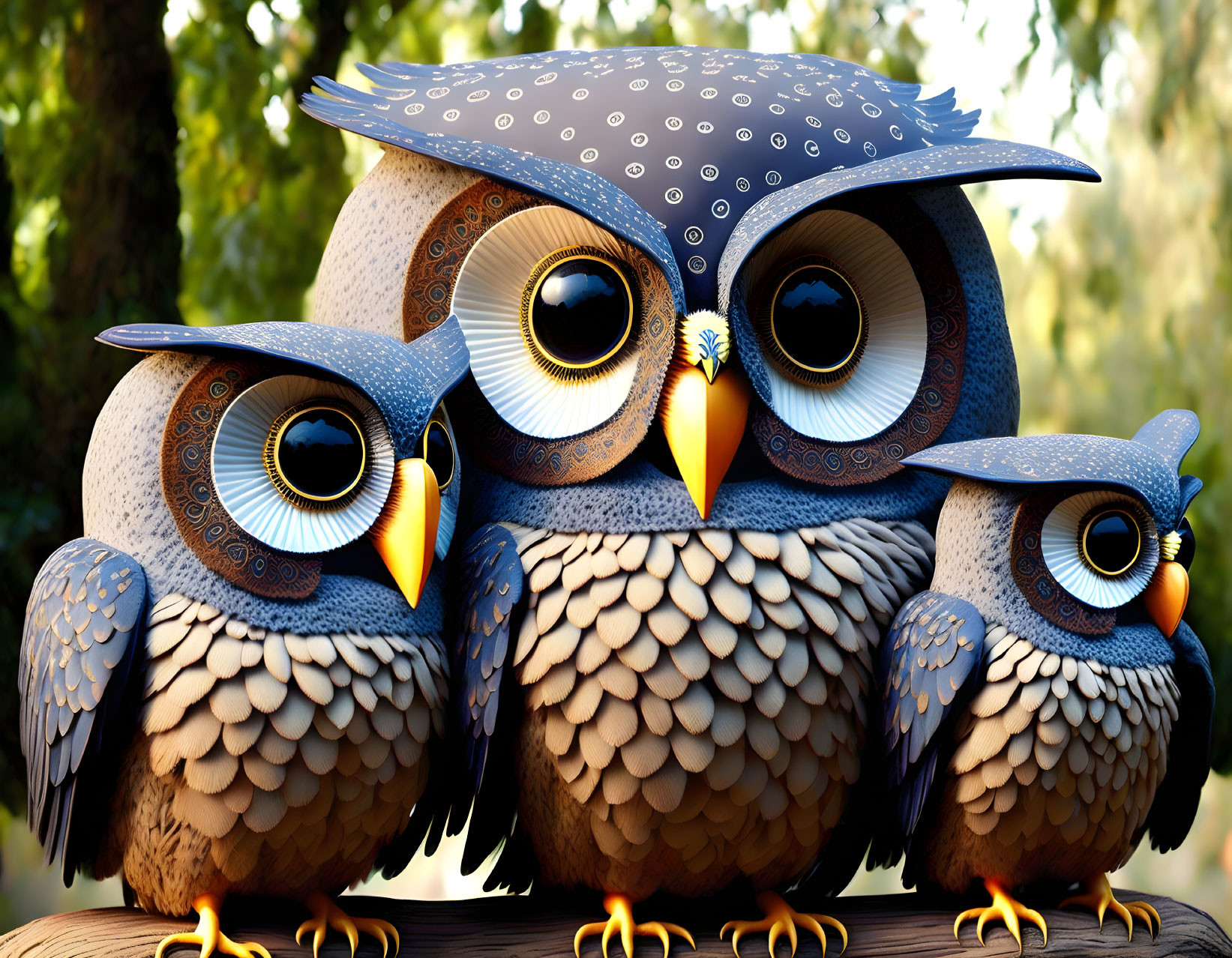 Three animated owls on branch in forest with exaggerated eyes