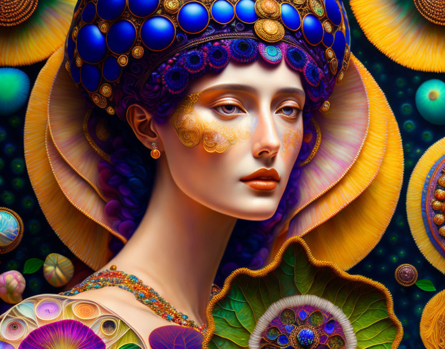 Colorful digital portrait of a woman with intricate headgear and jewelry, set in a psychedelic backdrop.